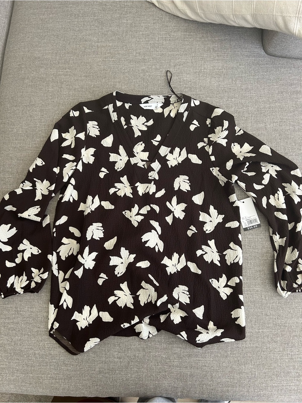 Nine West Black Blouse with White Floral Print